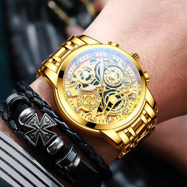 NEKTOM Gold Watches Men Top Brand Luxury Golden Chronograph Mens Watch Gold Big Dial Man Wristwatch Relogio Masculino