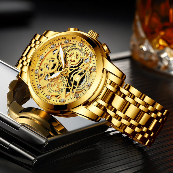 NEKTOM Gold Watches Men Top Brand Luxury Golden Chronograph Mens Watch Gold Big Dial Man Wristwatch Relogio Masculino