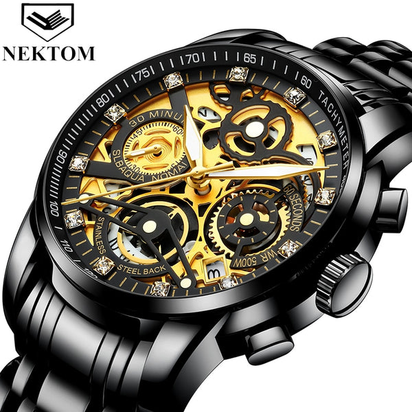 NEKTOM Gold Watches Men Top Brand Luxury Golden Chronograph Mens Watch Gold Big Dial Man Wristwatch Relogio Masculino