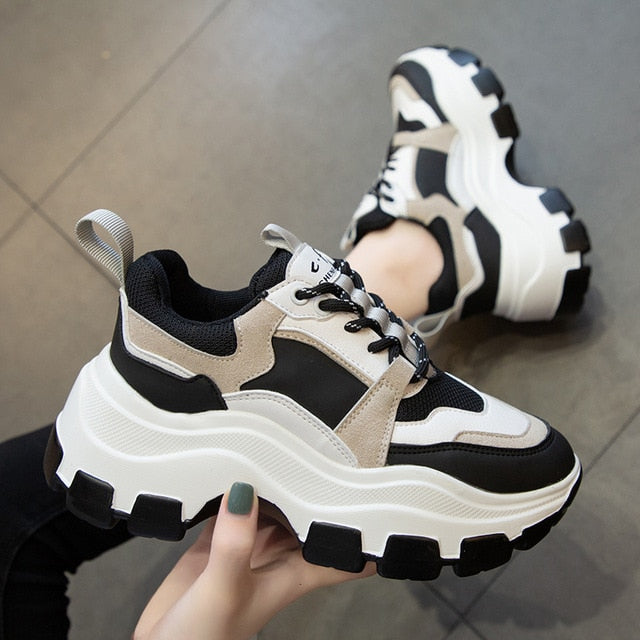 Women Chunky Sneakers Vulcanize Shoes Korean Fashion New Female Black White Platform Thick Sole Running Casual Shoe Woman 7cm